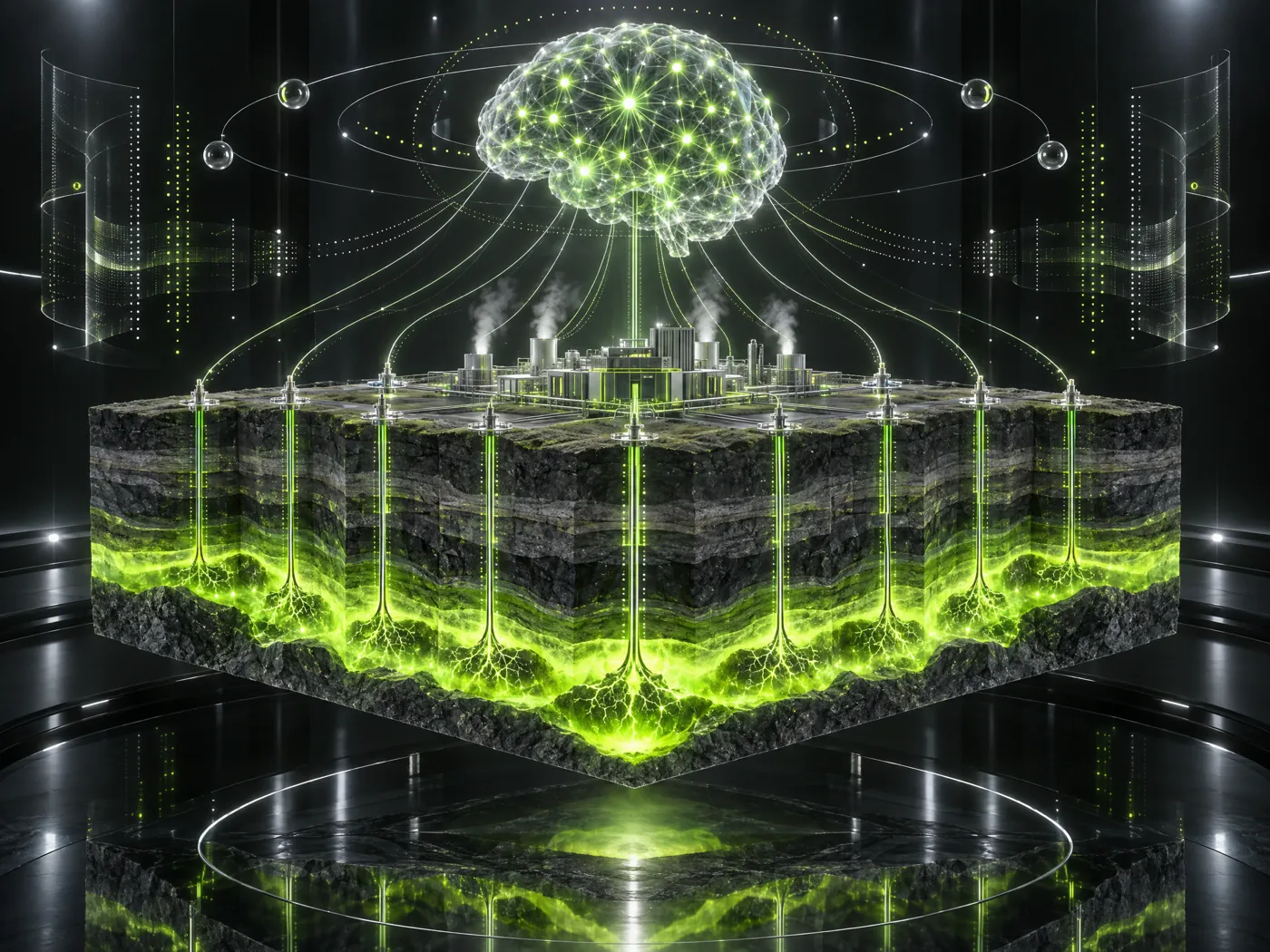 AI-GMS digital twin: a neural-network brain linked by data beams to every well of a geothermal pad, with radiogenic heat zones glowing beneath the rock strata