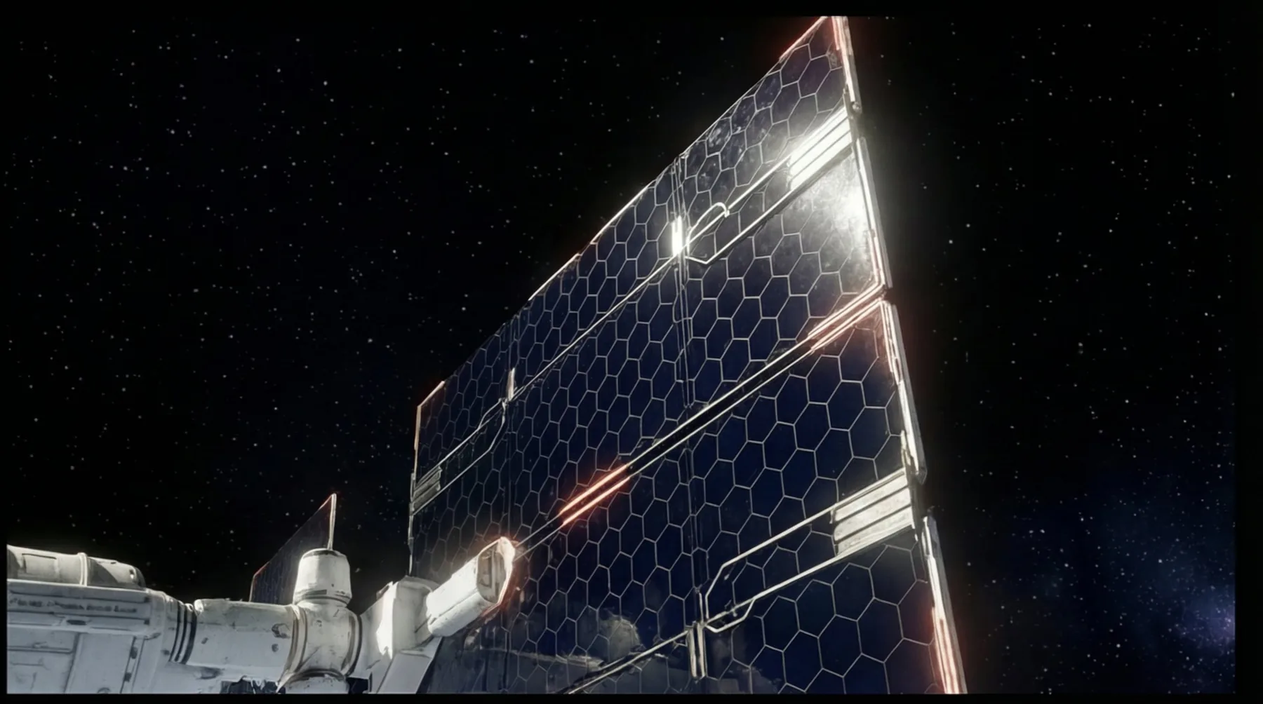 ARCSTASIS photon + phonon hybrid solar panel array with hexagonal SPARC honeycomb structure, mounted on a robotic arm in orbit