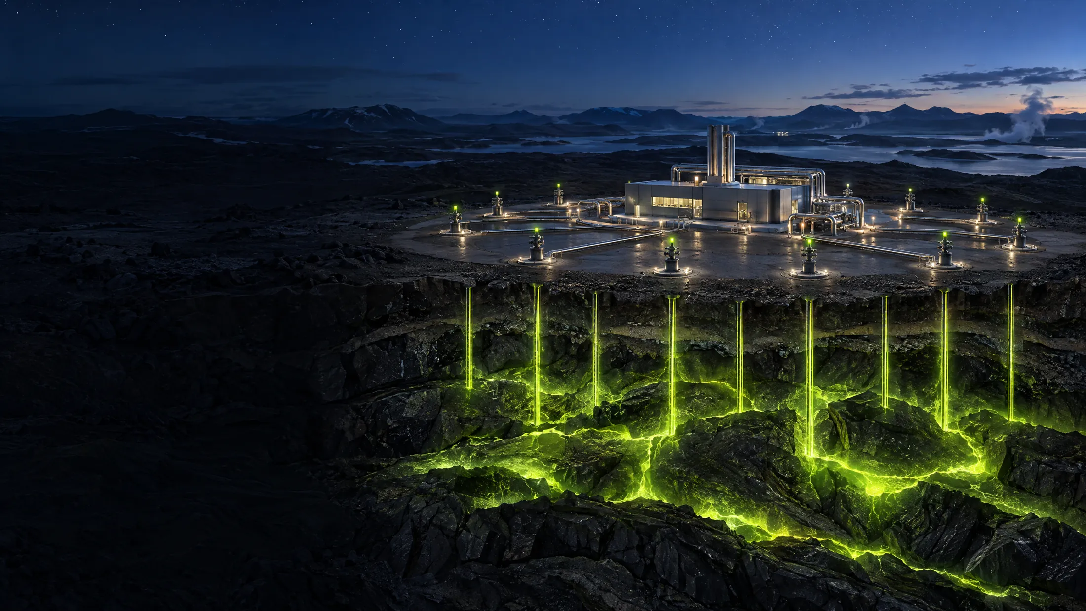 A next-generation GEIOS geothermal well pad at night with glowing heat pathways in the rock beneath it