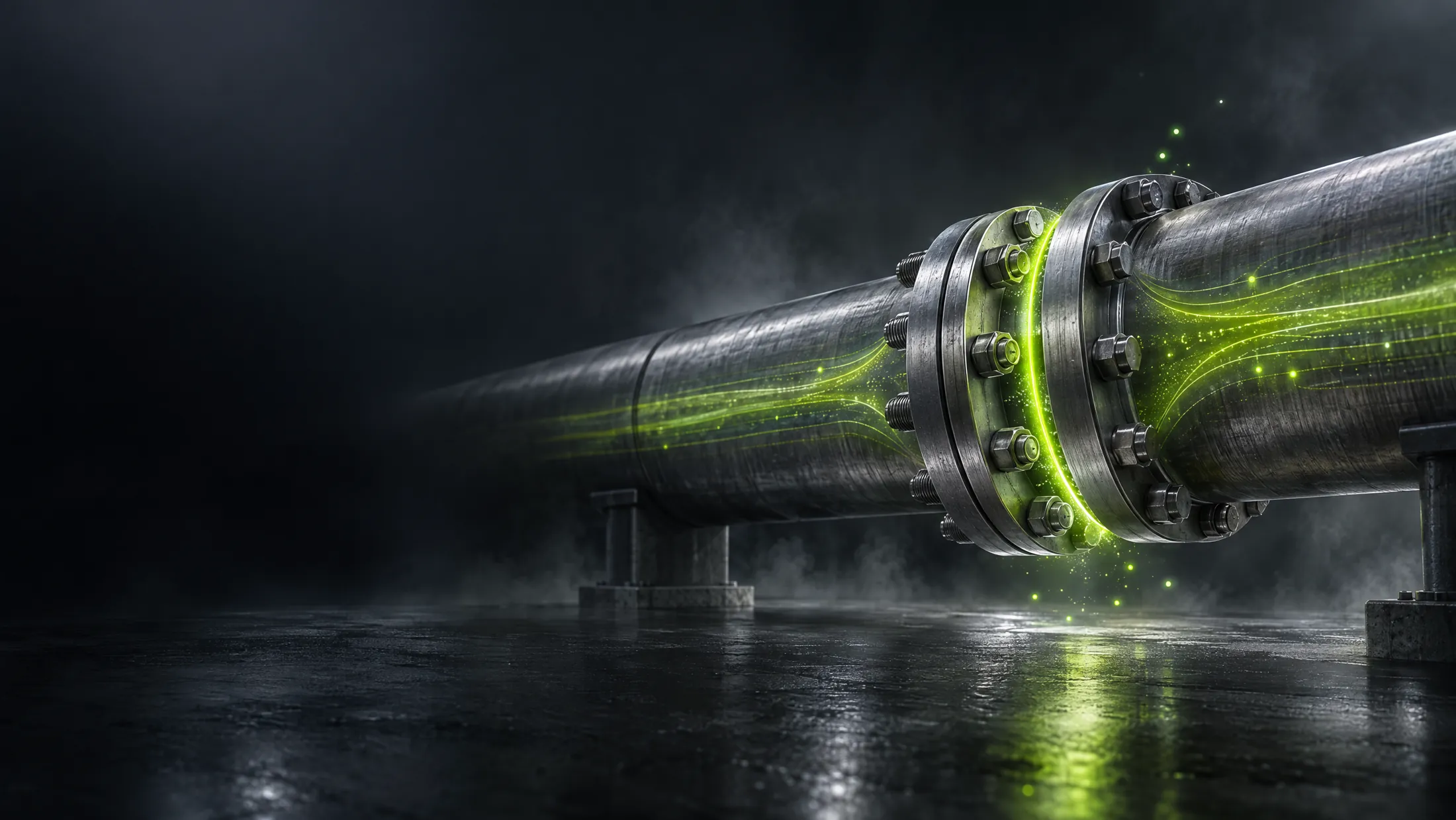 Two steel geothermal pipe sections joined at a flange that glows with a ring of lime light