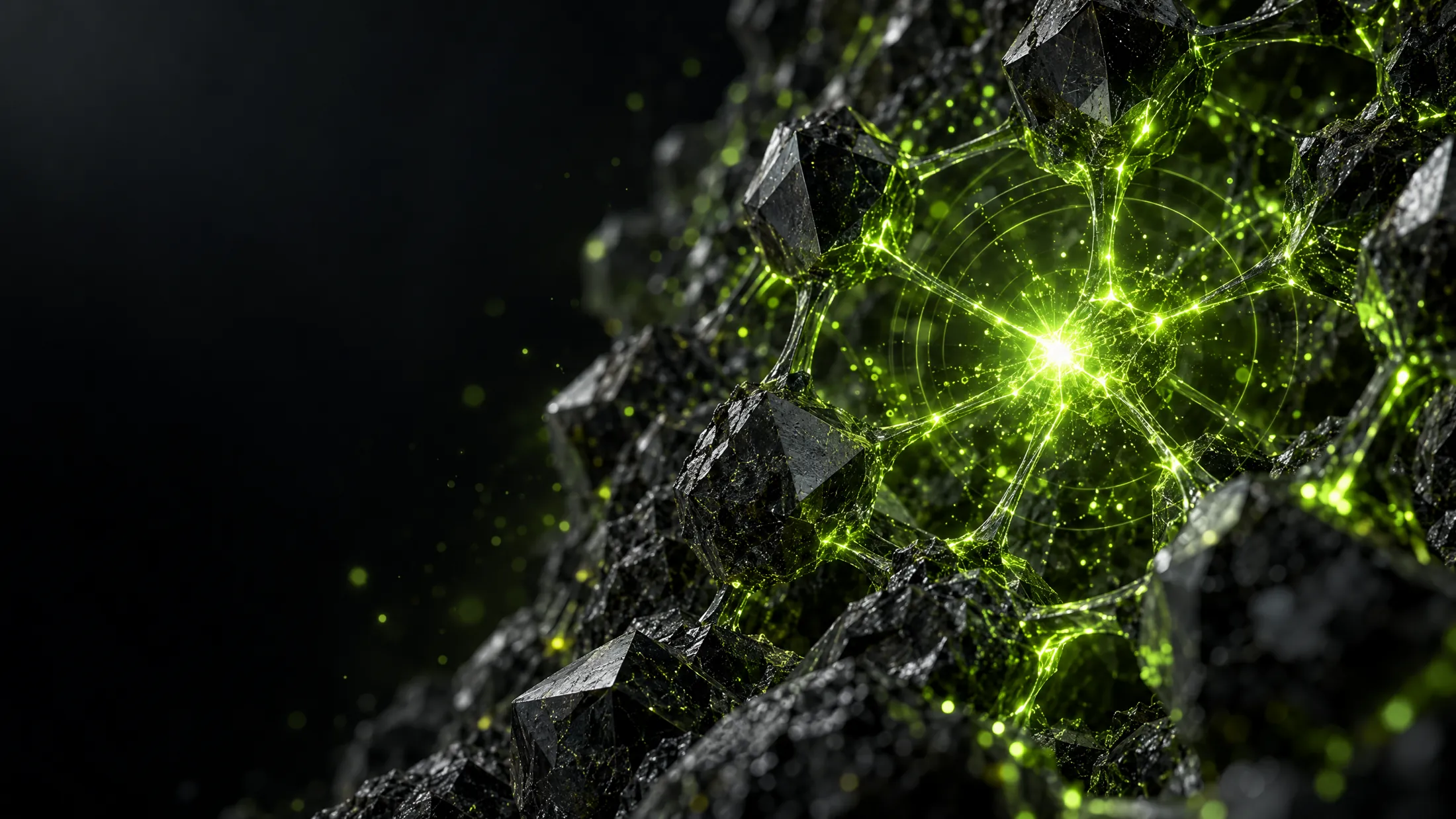A spark of lime light igniting inside a dark crystalline rock lattice, sending filaments of energy through the crystal