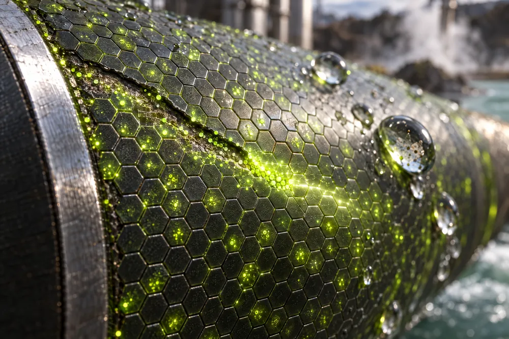 Close-up of a nanocoated steel pipe surface with glowing self-healing CeO2 nanoparticles sealing a scratch