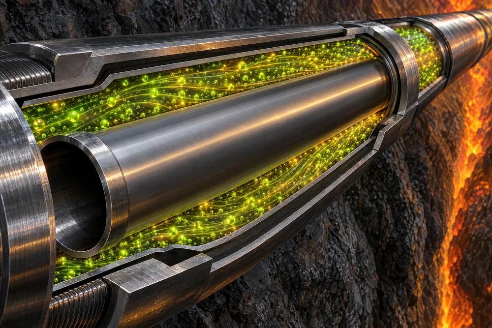 Cutaway of a geocasing with luminous GPIM nanofluid flowing between clean steel walls