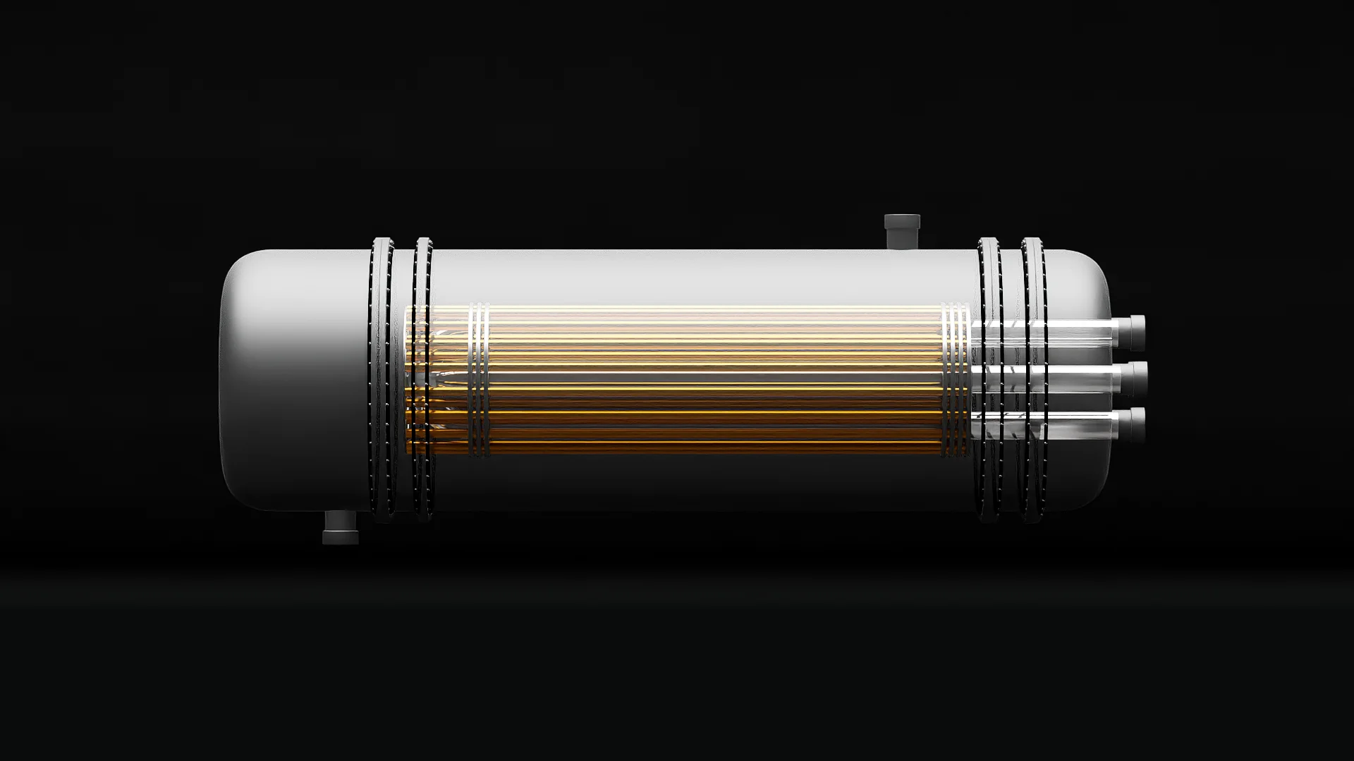 NanoVault assembled side view: the pressurized vessel with its translucent shell revealing the copper-toned nanorod array, steam outlet on top and crossflow nanofluid ports at the head