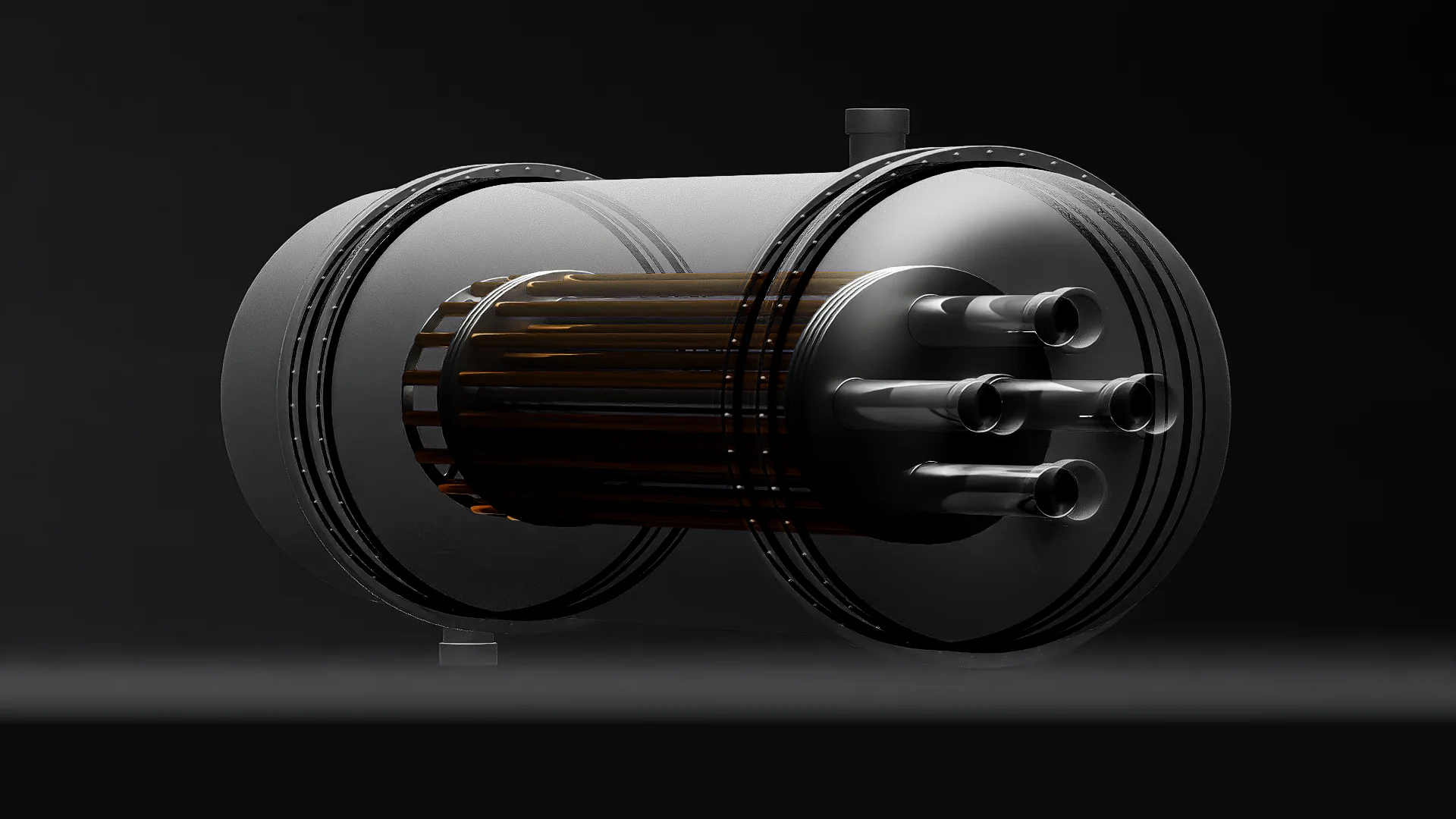 NanoVault cutaway perspective: the lattice of nanorods held inside the transparent pressure vessel, with four crossflow nanofluid ports on the head