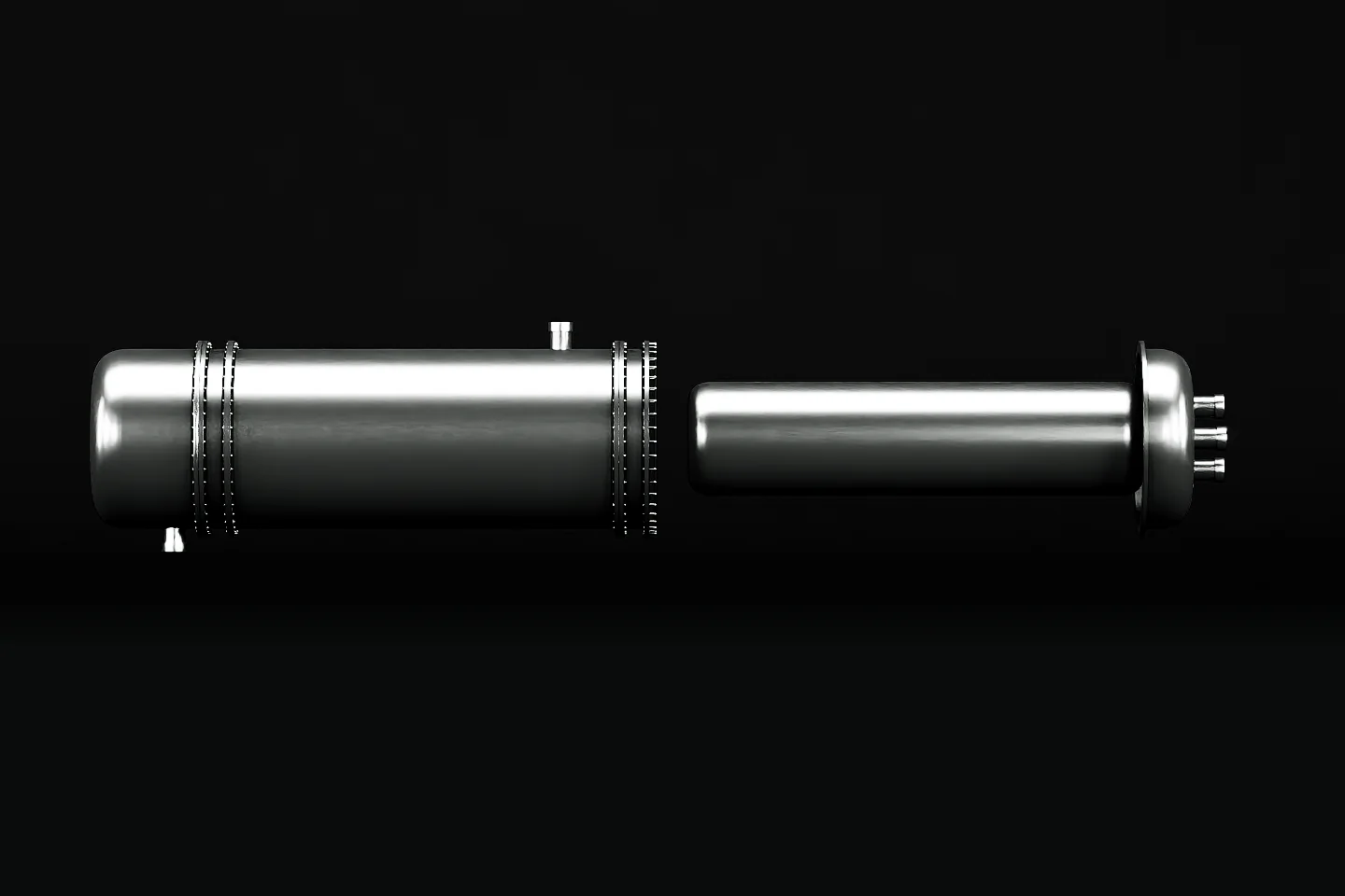 NanoVault exploded view: the main pressure vessel separated from the sealed secondary chamber that houses the nanorods, with the ported nanofluid head