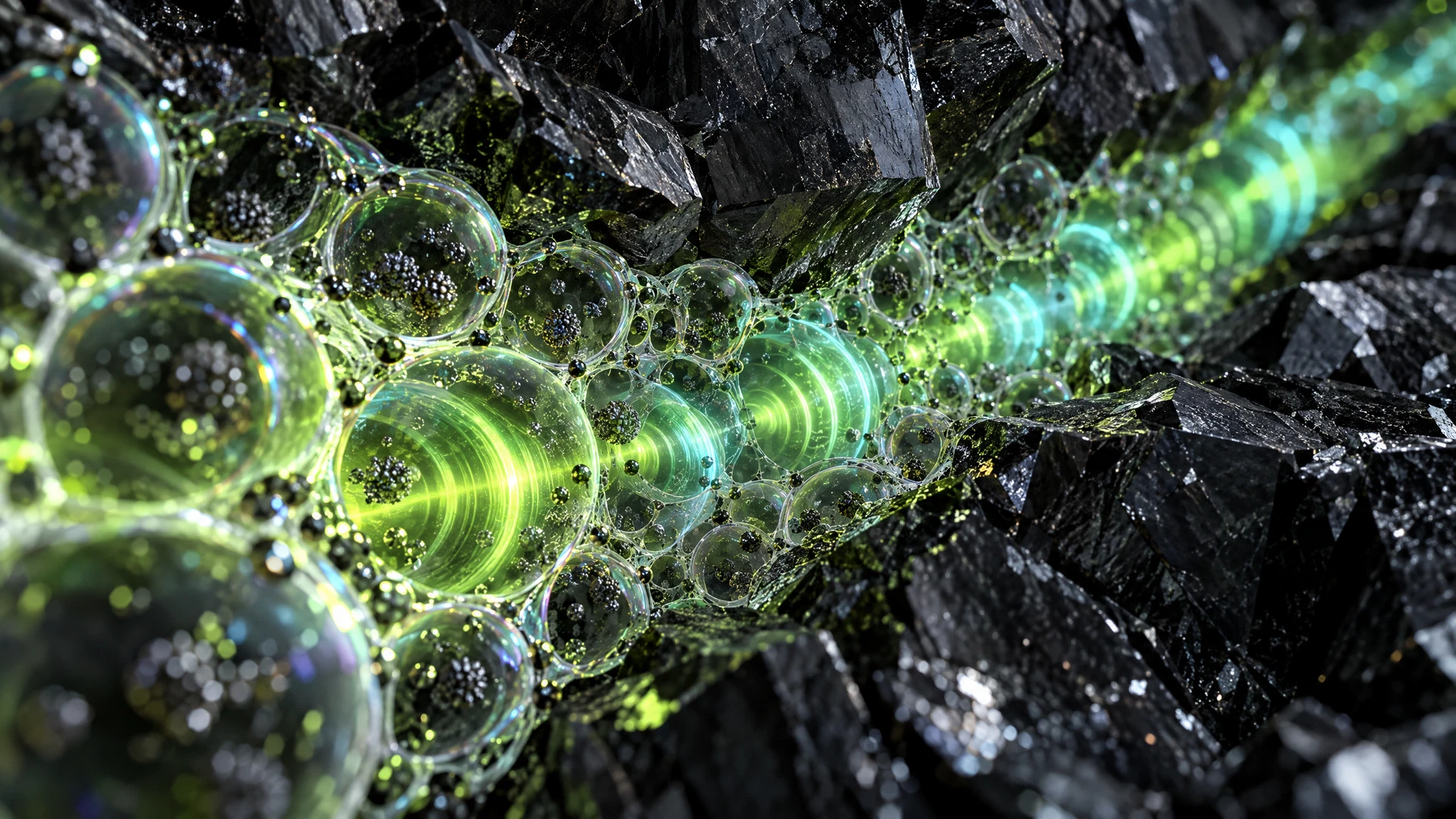 Nitrogen hybrid nanofoam filling micro-fractures in crystalline rock, glowing where phonon-aligned heat transfer occurs
