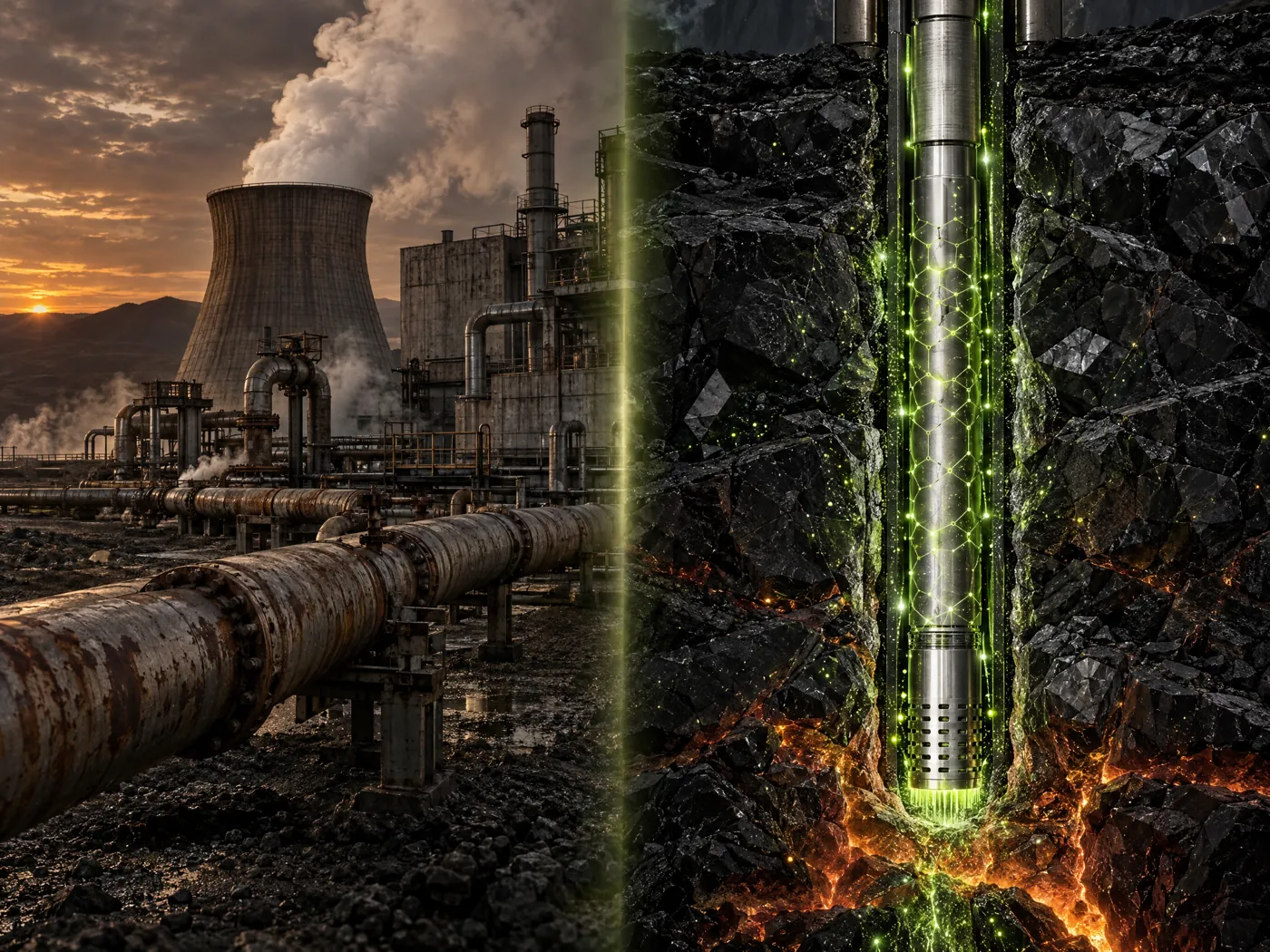 A 1970s conventional geothermal plant with rusted steam pipes on the left giving way to a nano-engineered GEIOS well casing glowing in crystalline rock on the right